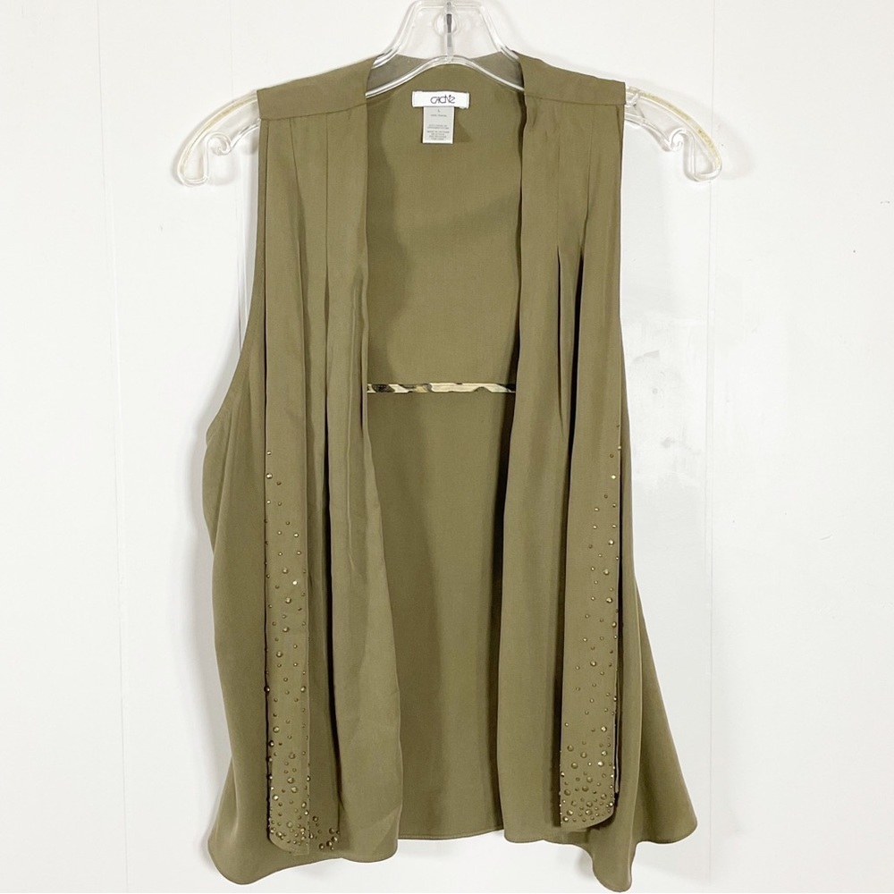 Cache Open Front Vest Women's Small Olive Green 100% Tencel Pleated Studded